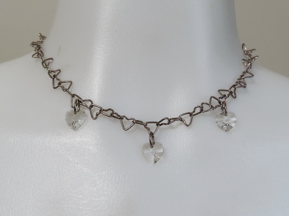 Sterling silver heart links chain with crystal he… - image 1