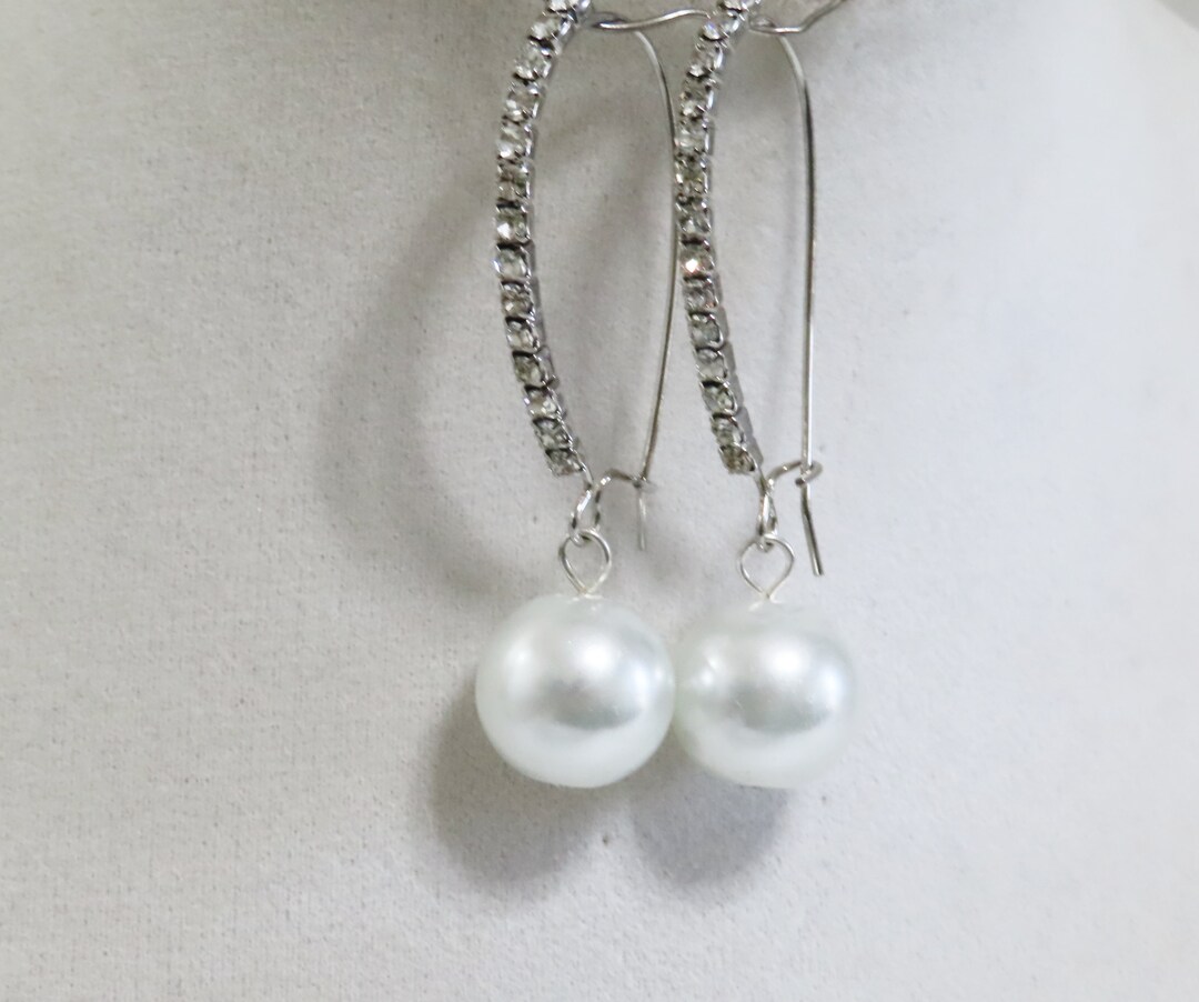 Glass Pearl Rhinestone Kidney Hook Earrings Bridal Pearl Etsy