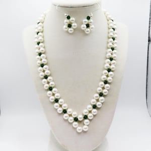 Pearl necklace, Pearl and green Czech glass necklace and earrings, beaded necklace, wedding jewelry set