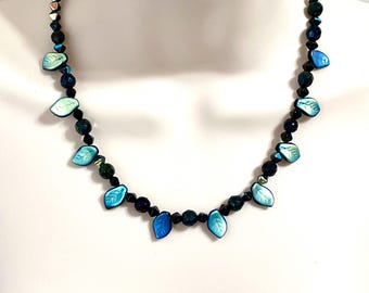 Handmade Czech Glass Leaf Necklace, Genuine Freshwater Pearl Necklace, Blue Iridescent Beaded Necklace, Nature Inspired Jewelry Gift