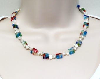 Millefiori Murano Beaded Choker, Freshwater Pearl Necklace