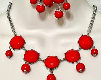 Handmade Red Cabochon Necklace and Earrings Set