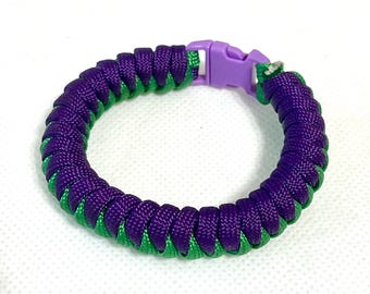 Handmade purple and green corkscrew paracord bracelet