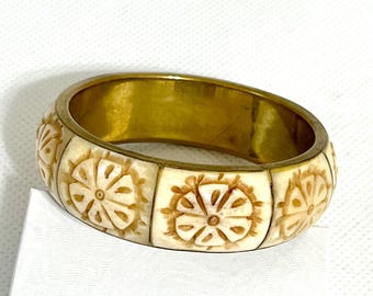 Vintage carved flower bone brass bangle bracelet.