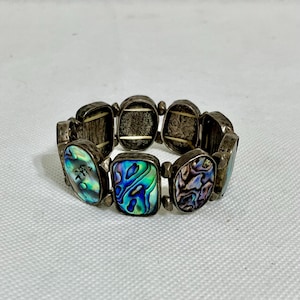 Vintage silver tone metal abalone stretch bracelet