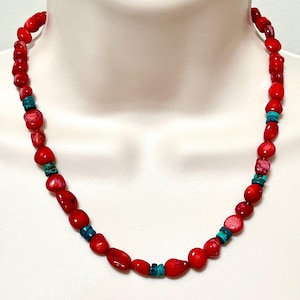 Red Coral and Turquoise Beaded Necklace: Handmade Heishi Gemstone