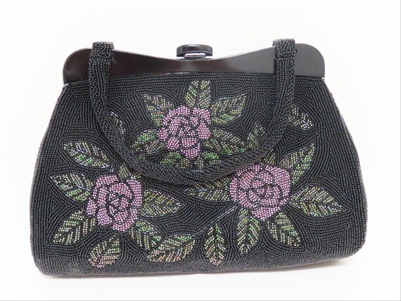 Vintage black floral  beaded handbag,  Evening be… - image 3