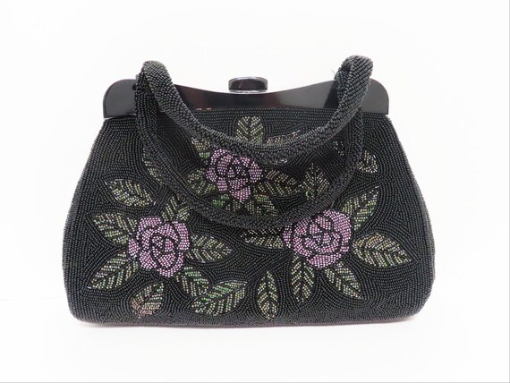 Vintage black floral  beaded handbag,  Evening be… - image 4