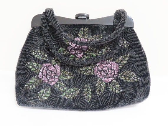 Vintage black floral  beaded handbag,  Evening be… - image 1