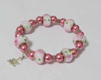 Murano glass and pearl beads with anchor hope charm stretch bracelet, Pink floral Murano glass bracelet, Anchor hope charm bracelet.