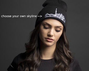 Beanie With Custom Skyline Graphic - Black - Simple, fashionable travel-themed toque - Essential winter fashion