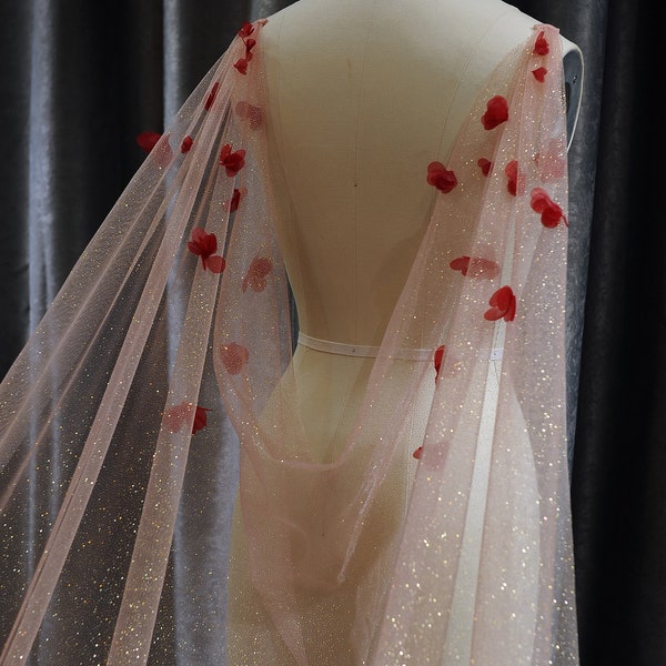 LS48 / Burgundy Flower Bridal Cape Veil: Glitter Tulle Cathedral Cape