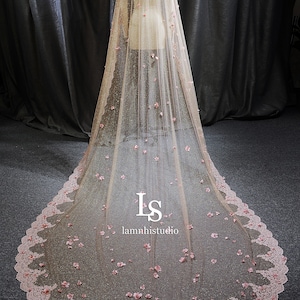 LS53/Bridal cape veil/ Glitter veil/Mantilla veil /blush pink flower cape veil/ lace veil/ lace cape/custom cape/ cathedral veil image 3