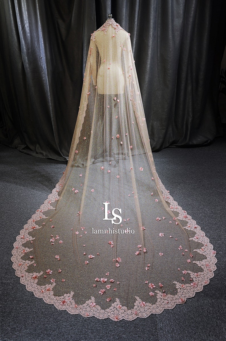 LS53/Bridal cape veil/ Glitter veil/Mantilla veil /blush pink flower cape veil/ lace veil/ lace cape/custom cape/ cathedral veil image 3