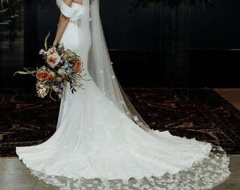 LS32 / Pearl 3D Flower Cathedral Veil - Handmade Tulle Wedding Veil