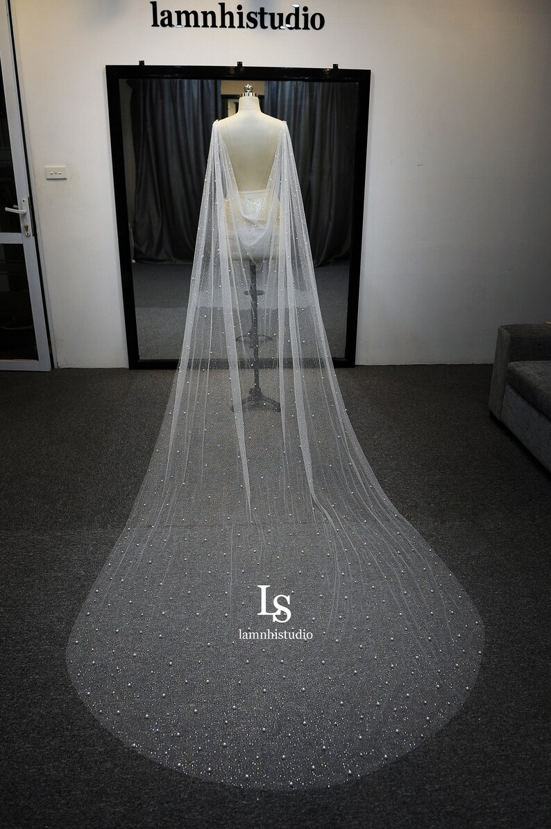 LS103/ Sparkle cape veil/ glitter cape veil/pearl veil / cape veil/ cathedral veil/ custom veil/chapel cape veil image 2