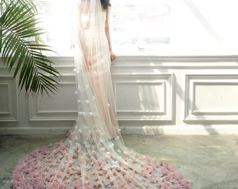 Ls87/  3D pink ombre flower veil / cathedral veil/ ombre veil/ 1 tier veil/custom veil/