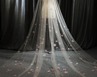 Ls66/3D dusty pink floral veil/1 tier veil/cathedral veil/ bridal veil/flower veil/ custom veil