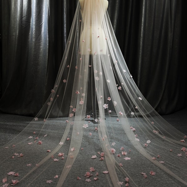 Ls66/3D dusty pink floral veil/1 tier veil/cathedral veil/ bridal veil/flower veil/ custom veil