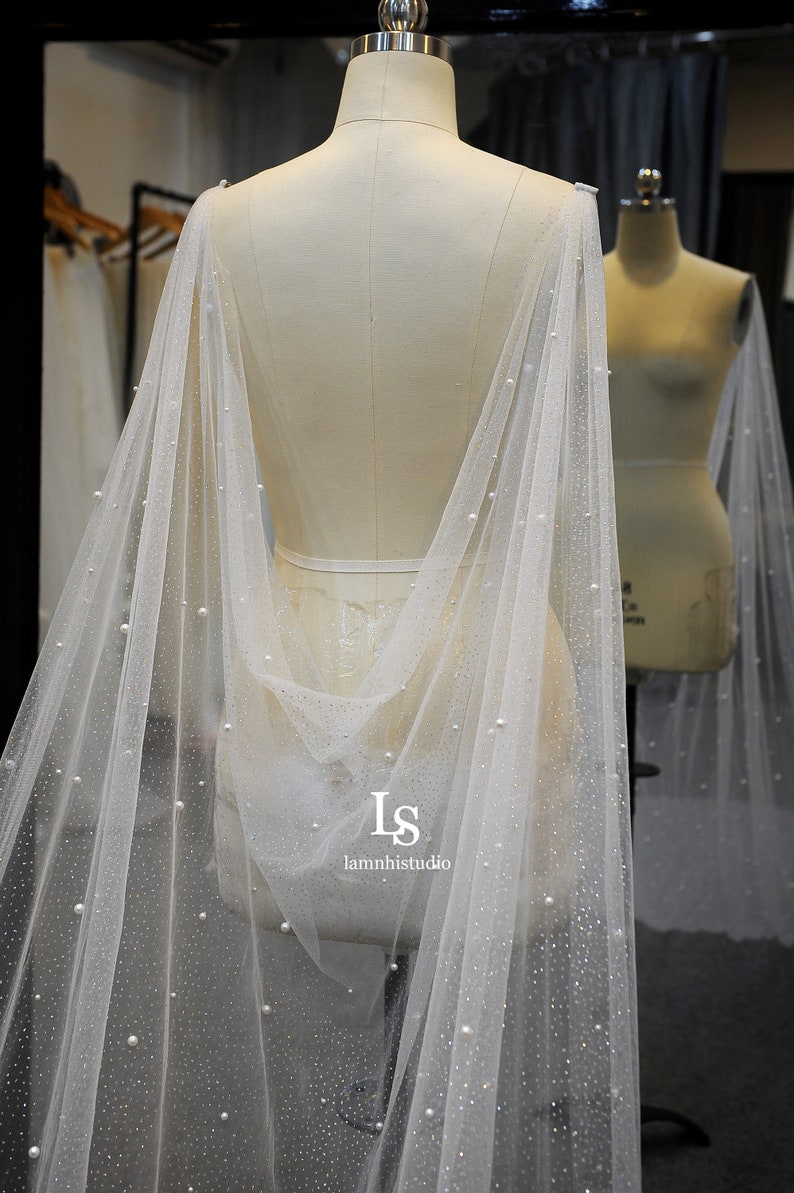 LS103/ Sparkle cape veil/ glitter cape veil/pearl veil / cape veil/ cathedral veil/ custom veil/chapel cape veil image 4