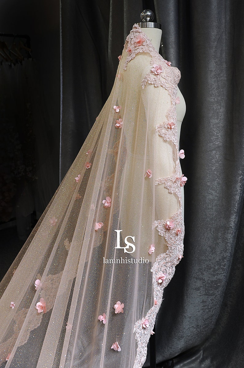 LS53/Bridal cape veil/ Glitter veil/Mantilla veil /blush pink flower cape veil/ lace veil/ lace cape/custom cape/ cathedral veil image 6