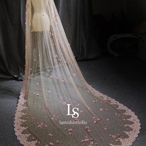 LS53/Bridal cape veil/ Glitter veil/Mantilla veil /blush pink flower cape veil/ lace veil/ lace cape/custom cape/ cathedral veil image 5