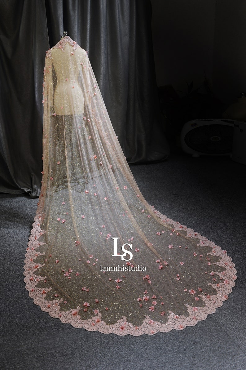 LS53/Bridal cape veil/ Glitter veil/Mantilla veil /blush pink flower cape veil/ lace veil/ lace cape/custom cape/ cathedral veil image 5