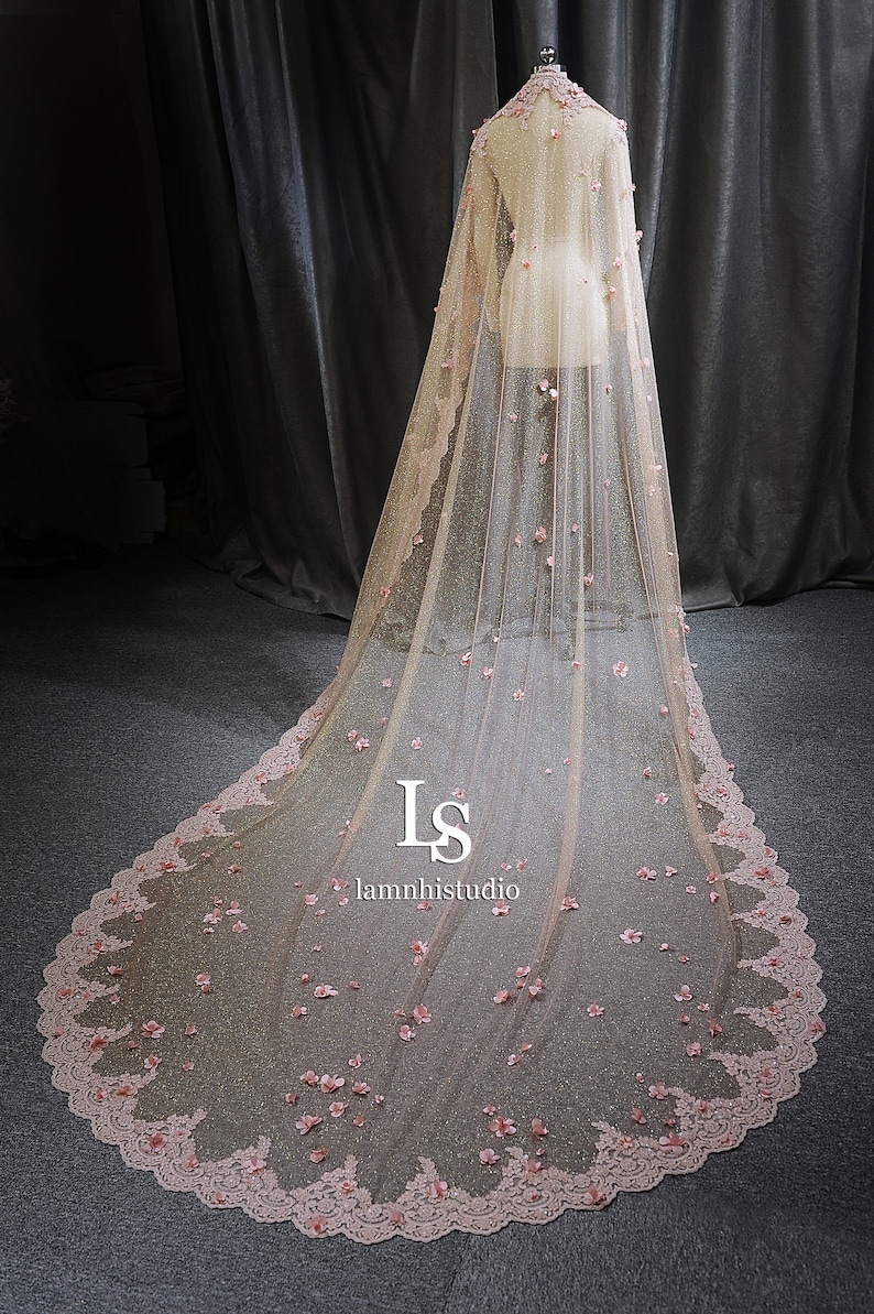 LS53/Bridal cape veil/ Glitter veil/Mantilla veil /blush pink flower cape veil/ lace veil/ lace cape/custom cape/ cathedral veil image 8