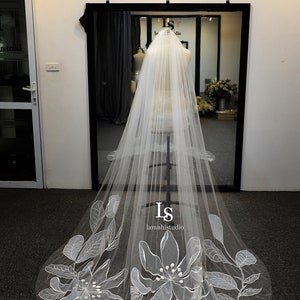 LS111/ Embroidery flower veil/1 tier veil/ bridal veil/ custom veil/ cathedral image 2