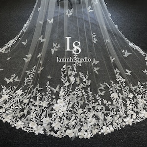 LS38/3D butterfly lace veil/3D flower veil/ lace veil/ bridal veil/ wedding veil/ cathedral veil/ flower veil/ custom veil