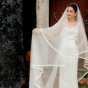 LS93: Satin Ribbon Edge Cathedral Wedding Veil, 2-Tier, 3 Meter