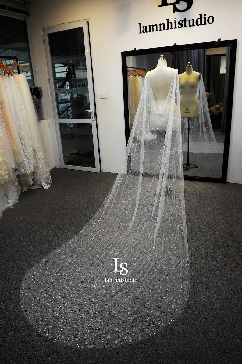 LS103/ Sparkle cape veil/ glitter cape veil/pearl veil / cape veil/ cathedral veil/ custom veil/chapel cape veil image 3