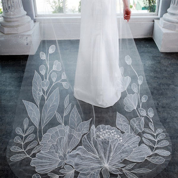 LS121/embroidery flower veil/1 tier veil/mantilla style/ bridal veil/ wedding veil/ custom veil