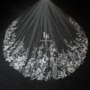 LS122 / Voile du bout des doigts en dentelle de feuilles - Voile de mariée personnalisé à 1 niveau