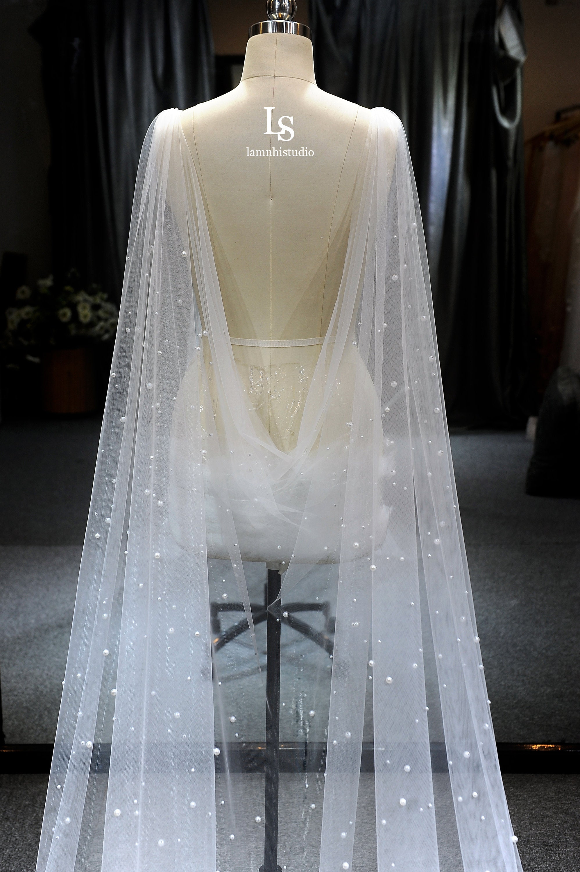 LS86/pearl cape veil/bridal cape/drapped cape/ chapel veil/ | Etsy
