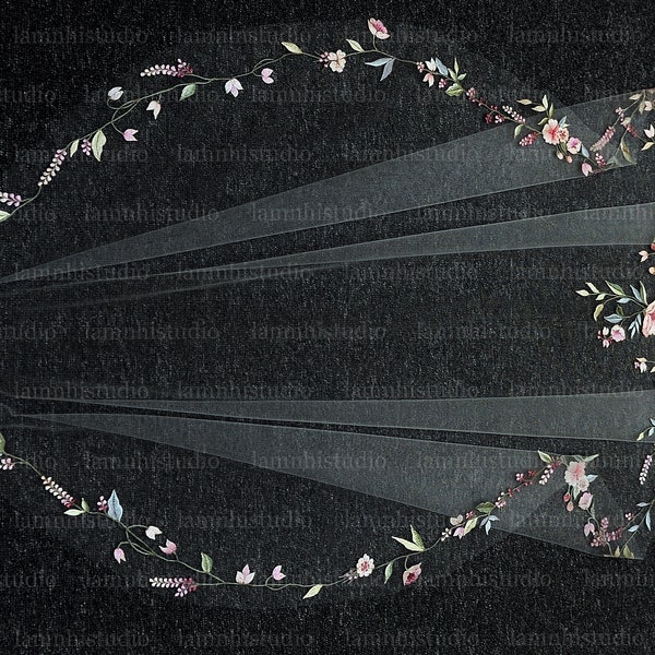 LS136 / Floral Embroidery Wedding Veil: Fingertip Cascade, Mix-Color