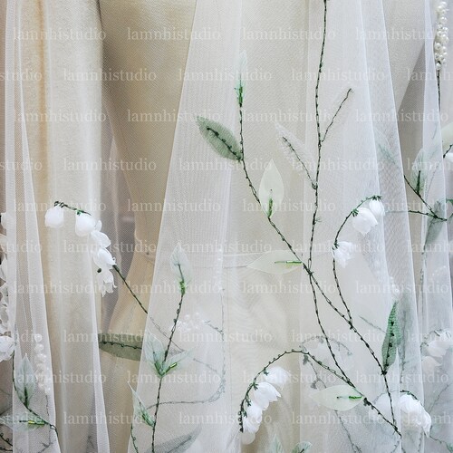 LS157: Lily of the Valley Wedding Veil - Couture Bridal Veil, Floral Appliqué