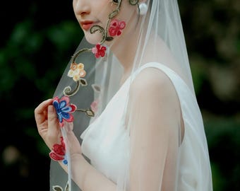 LS106 / Embroidery Lace Mantilla Wedding Veil: Colorful Bridal Veil - 1.6x2.4m
