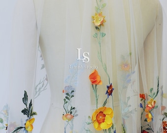 LS173 / 3D Flower Wedding Veil: Lace Embroidery, Fingertip Length