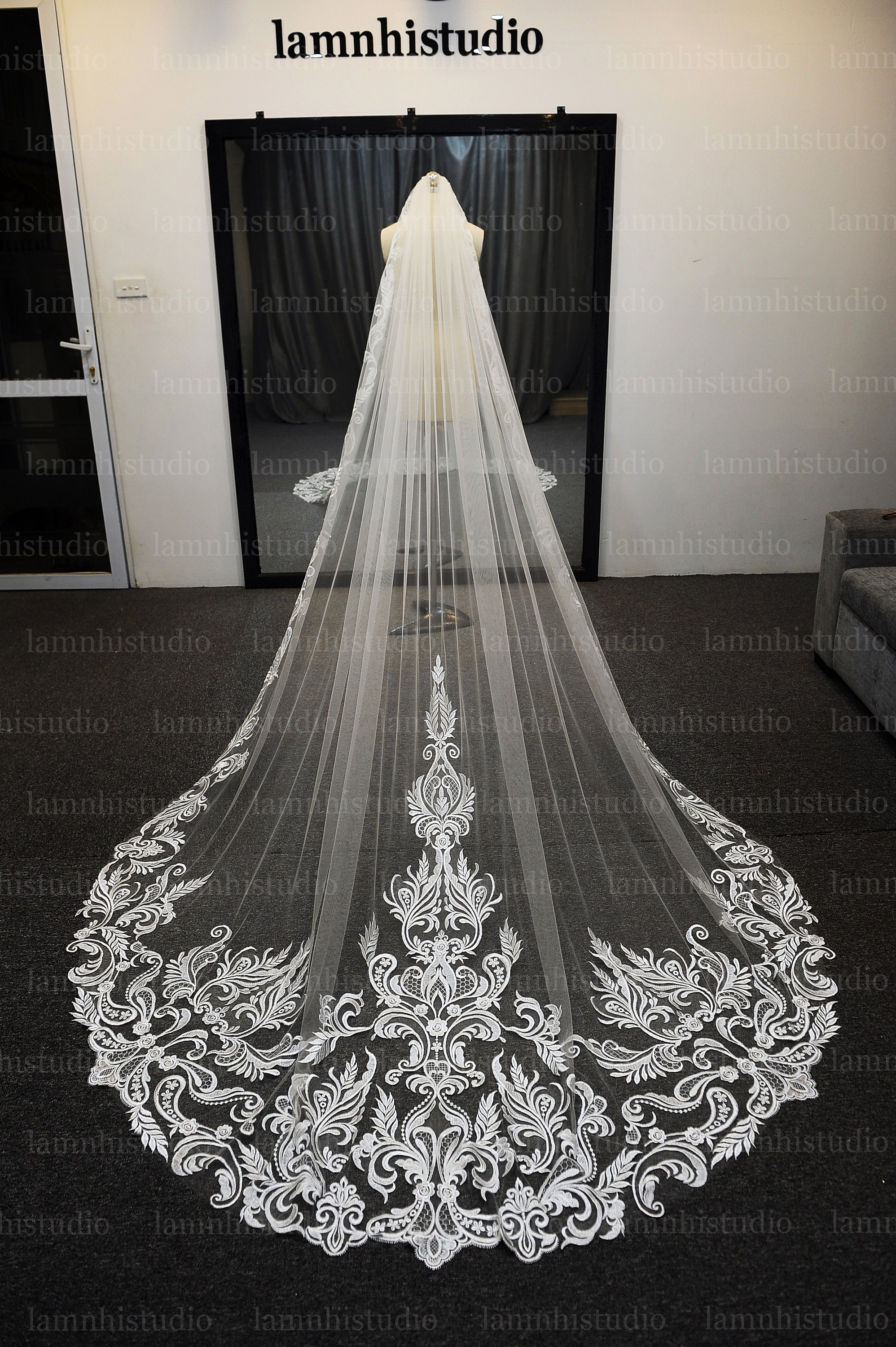 Single Tier All Over Lace Floral Mid Veil | David's Bridal