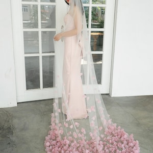 LS100/ 3D flower veil/dusty pink flower veil/1 tier veil/chapel veil/customveil image 1