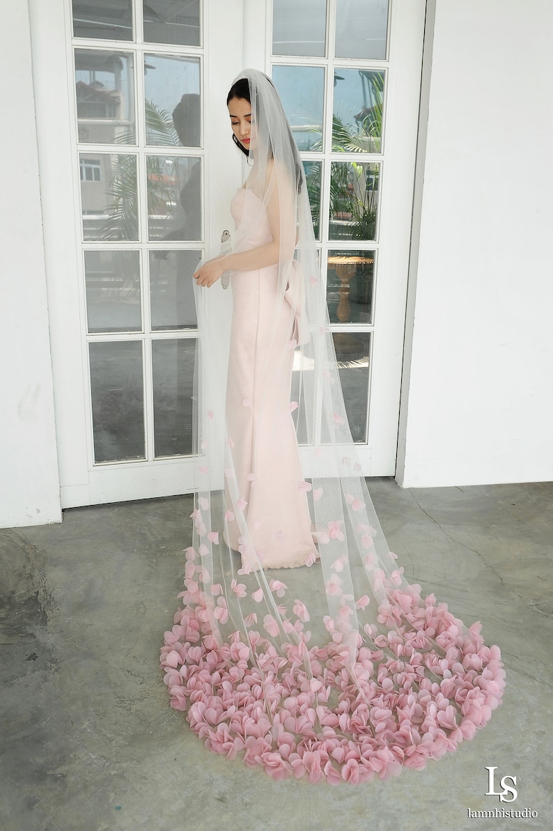 LS100/ 3D flower veil/dusty pink flower veil/1 tier veil/chapel veil/customveil image 1