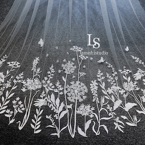 LS160 / Wild Garden Lace Wedding Veil: Floral Embroidery, 3m Long
