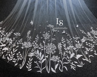 LS160 / Wild Garden Lace Wedding Veil: Floral Embroidery, 3m Long