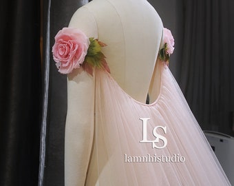 LS146 / 3D Flower Bridal Cape: Tulle Wedding Veil, 2.4m Long