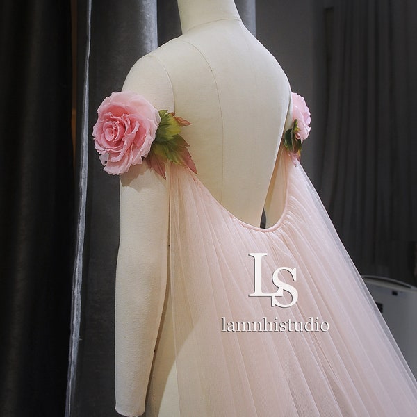 LS146 / 3D Flower Bridal Cape: Tulle Wedding Veil, 2.4m Long