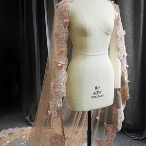 LS53/velo da mantello da sposa/velo glitterato/velo mantiglia/velo da mantello fiore rosa cipria/velo di pizzo/mantello di pizzo/mantello personalizzato/velo da cattedrale