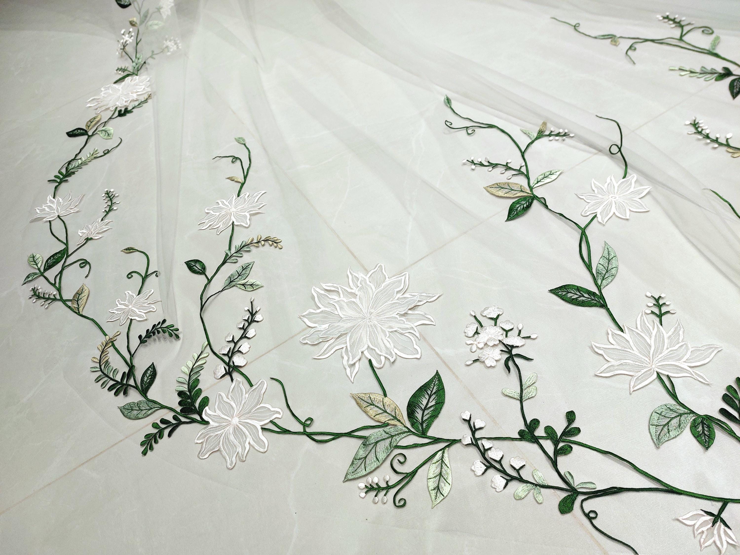 LS73: Handmade Floral Embroidered Cathedral Veil - Tulle Bridal Veil