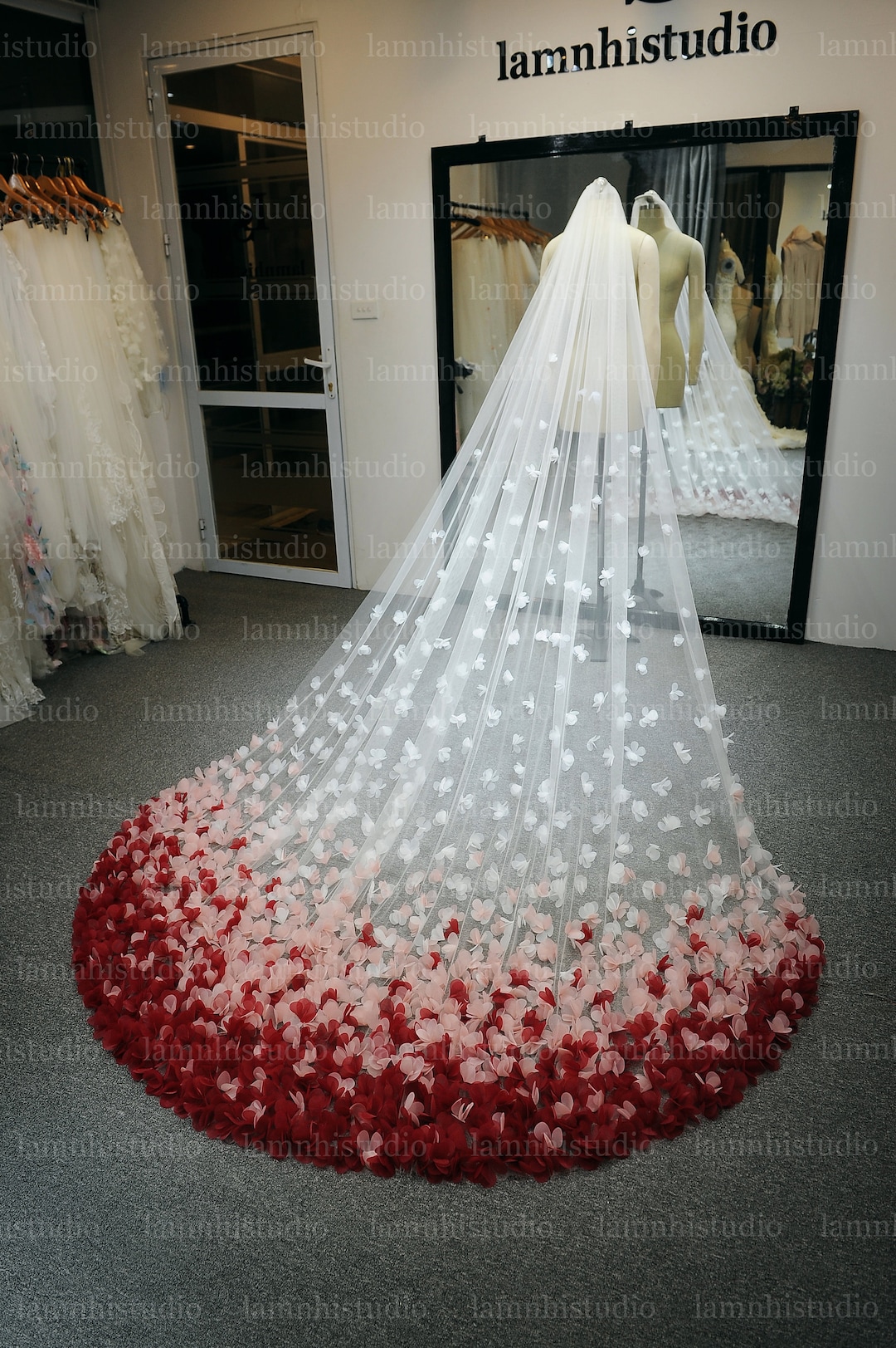 LS143/ Ombre Veil/ Burgundy Veil/ 3D Flower Veil/ Wedding
