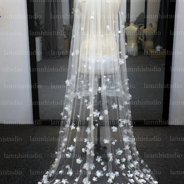 LS96 / 3D Flower Wedding Veil: Organza Pearl Bridal Veil, Chapel Length